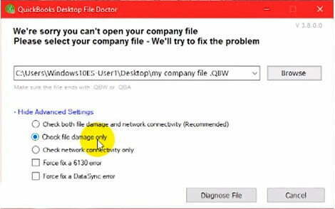 check the file damage only option in quickbooks file doctor