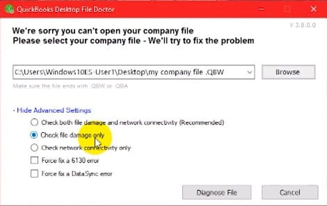 looking for the company file that needs repairing in quickbooks file doctor