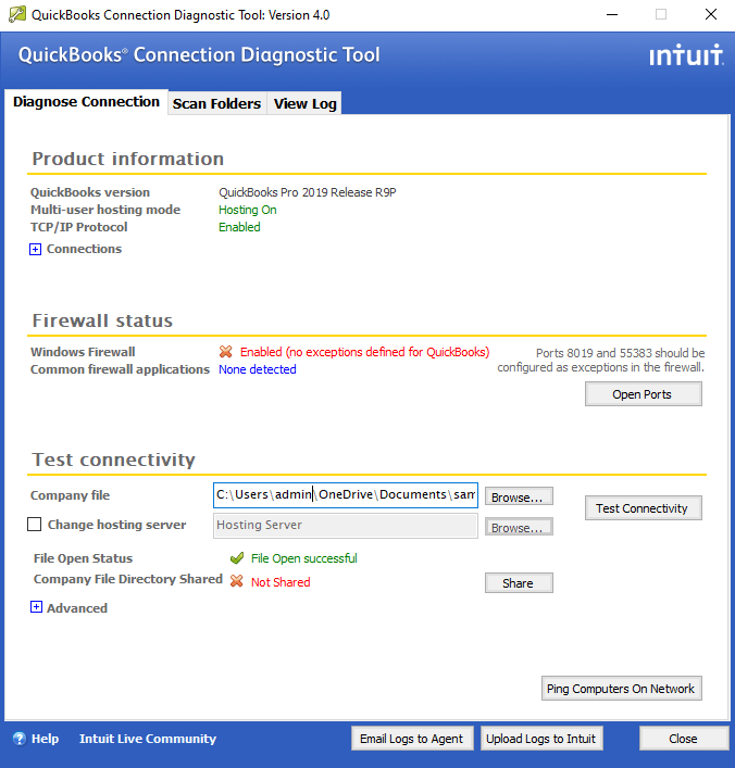 test connectivity in quickbooks connection diagnostic tool