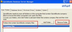 selecting remove folder option in qb database server manager