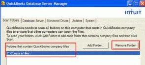 selecting remove folder option in Install Database Manager for QuickBooks
