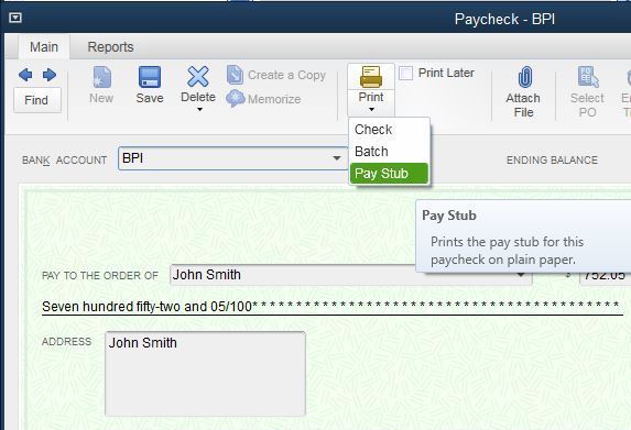 Print a pay stub from a paycheck
