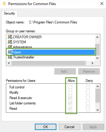 Allow Permission for common files