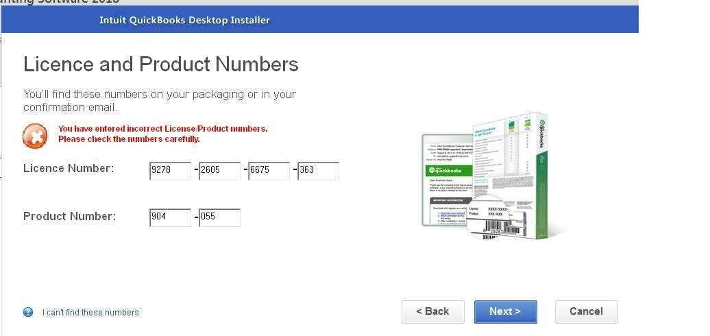 Incorrect QuickBooks License Product Number