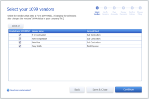 Select vendors requiring 1099-MISC forms