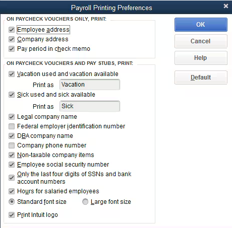 Payroll Printing Preferences
