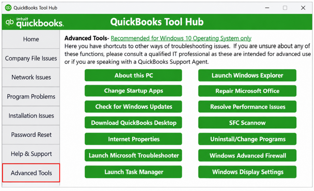 Advanced Tools Tab on QuickBooks Tool Hub