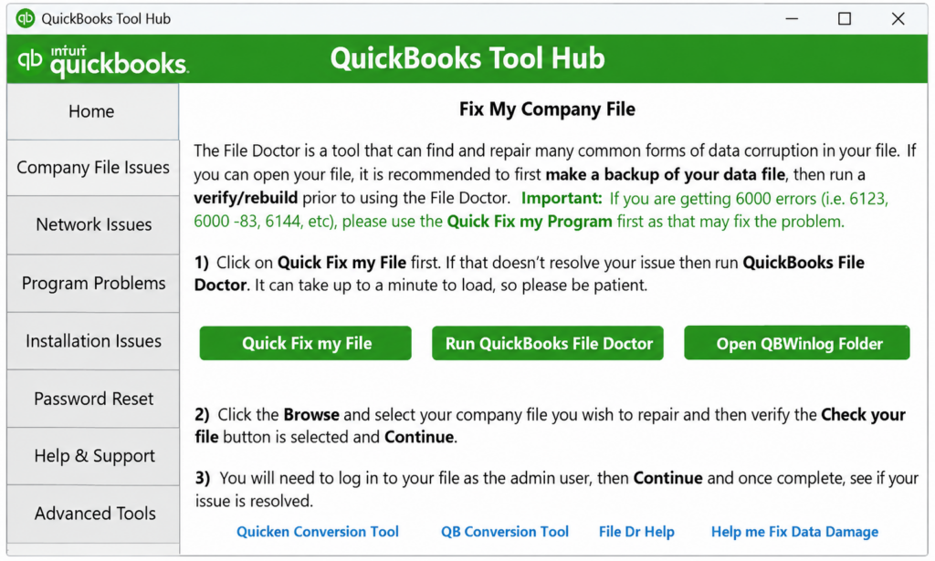 Company File Issues Tab in QuickBooks Tool Hub