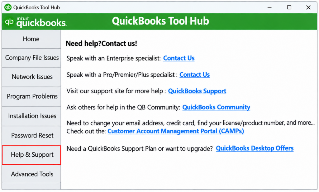 Help and Support Tab in QuickBooks Tool Hub