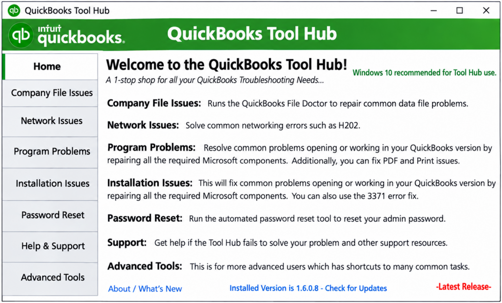 Home Tab in QuickBooks Tool Hub
