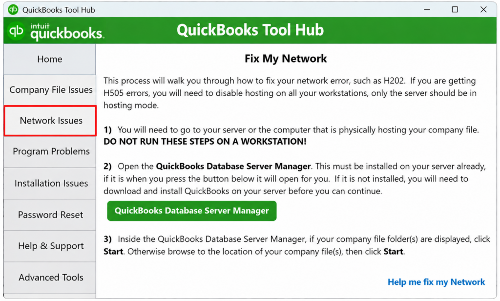 Network Issues Tab in QuickBooks Tool Hub