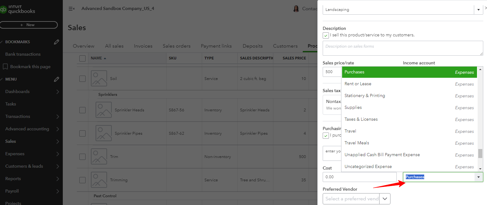 select product expense account