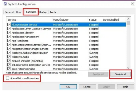 Hide all Microsoft Services in the Services tab.