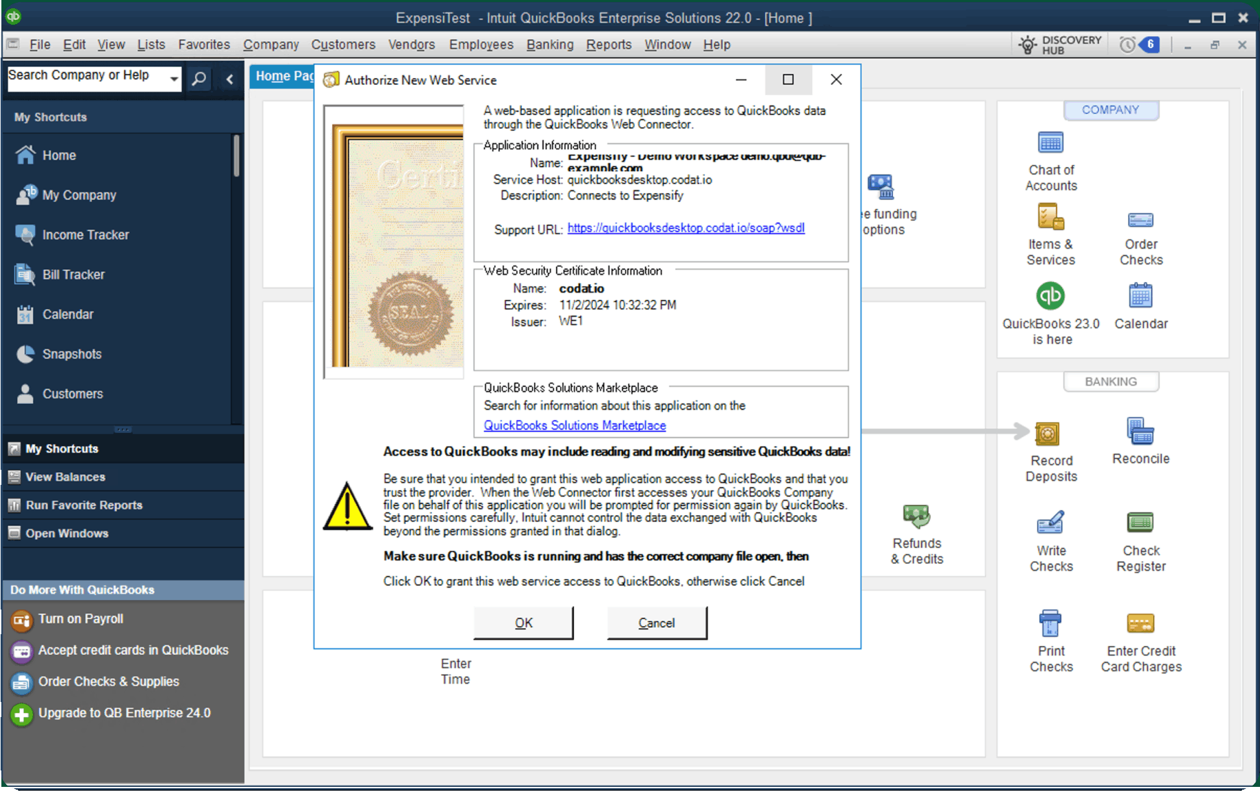 Authorize New Web Service QuickBooks