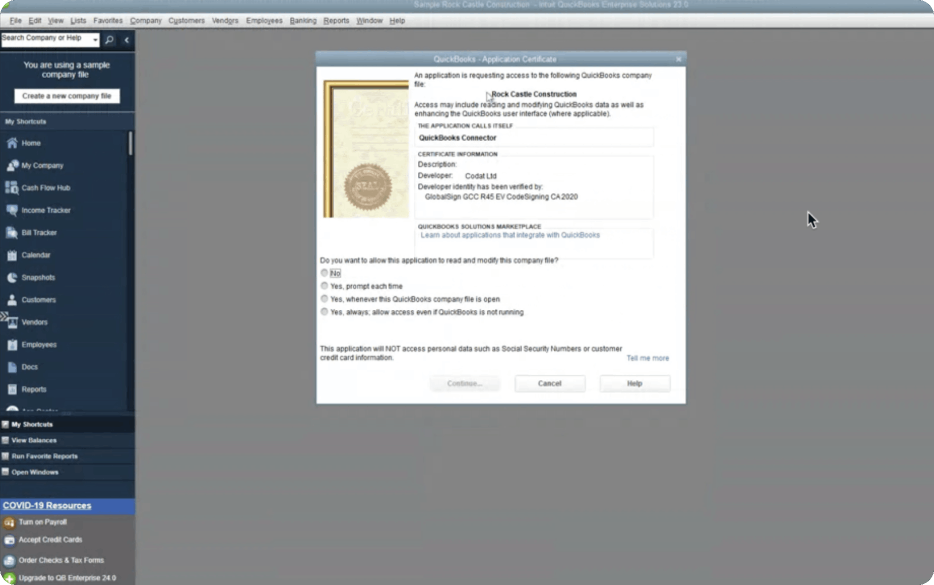 QuickBooks Application Certificate